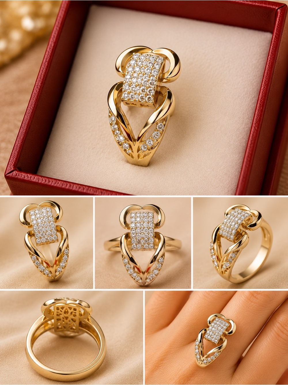 Elegant Gold Pavé Crystal Statement Ring - Gold